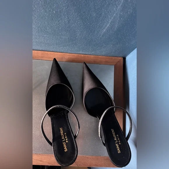 Saint Laurent Barbara Crystal embellished Satin Mule Heels - new in box - Picture 8 of 11